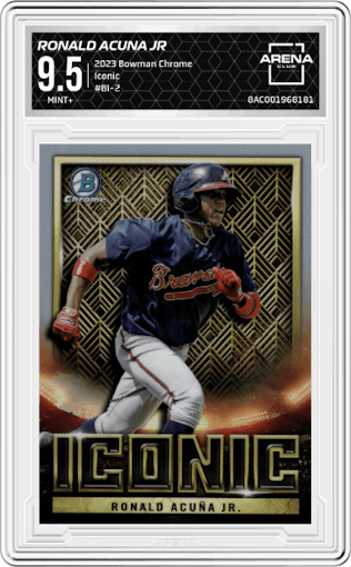 Ronald Acuna Jr from the 2023 Bowman Chrome set graded by Arena Club and given an overall grade of 9.5.
