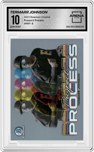 Termarr Johnson from the 2023 Bowman Chrome set graded by Arena Club and given an overall grade of 10.