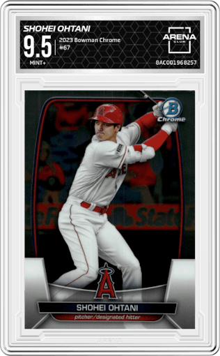 Shohei Ohtani from the 2023 Bowman Chrome set graded by Arena Club and given an overall grade of 9.5.