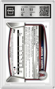 Logan O'Hoppe from the 2023 Bowman Chrome set graded by Arena Club and given an overall grade of 10.