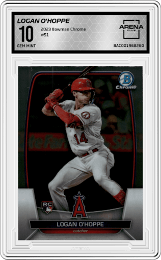 Logan O'Hoppe from the 2023 Bowman Chrome set graded by Arena Club and given an overall grade of 10.