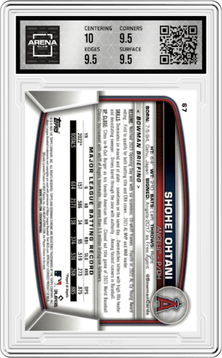 Shohei Ohtani from the 2023 Bowman Chrome set graded by Arena Club and given an overall grade of 10.