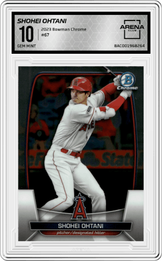 Shohei Ohtani from the 2023 Bowman Chrome set graded by Arena Club and given an overall grade of 10.