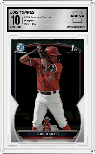 Luis Torres from the 2023 Bowman Chrome set graded by Arena Club and given an overall grade of 10.