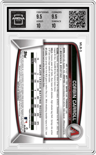 Corbin Carroll  from the 2023 Topps The National VIP set graded by Arena Club and given an overall grade of 10.