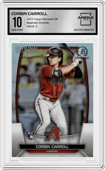 Corbin Carroll  from the 2023 Topps The National VIP set graded by Arena Club and given an overall grade of 10.