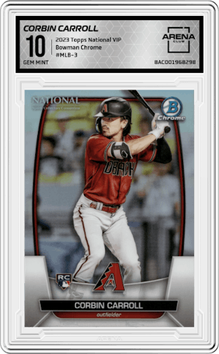 Corbin Carroll  from the 2023 Topps The National VIP set graded by Arena Club and given an overall grade of 10.