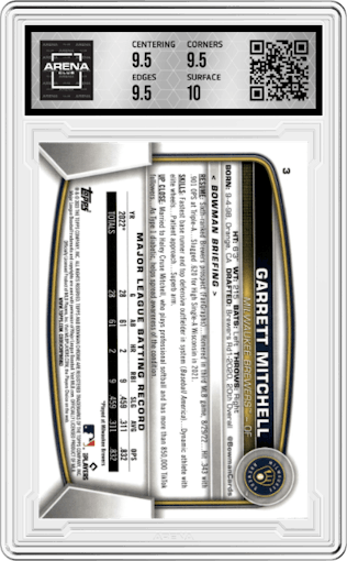 Garrett Mitchell from the 2023 Bowman Chrome set graded by Arena Club and given an overall grade of 10.