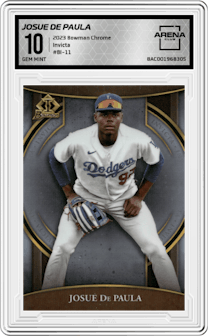 Josue De Paula from the 2023 Bowman Chrome set graded by Arena Club and given an overall grade of 10.