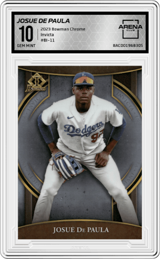 Josue De Paula from the 2023 Bowman Chrome set graded by Arena Club and given an overall grade of 10.