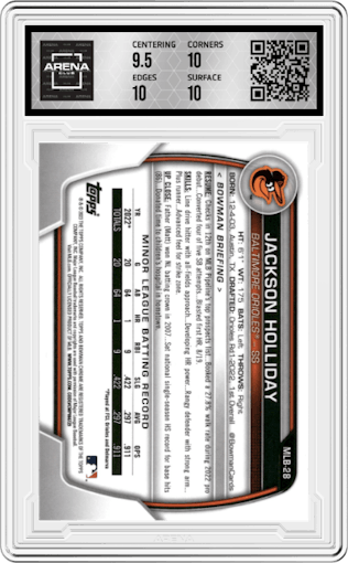 Jackson Holliday from the 2023 Topps The National VIP set graded by Arena Club and given an overall grade of 10.