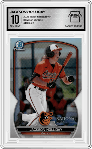 Jackson Holliday from the 2023 Topps The National VIP set graded by Arena Club and given an overall grade of 10.