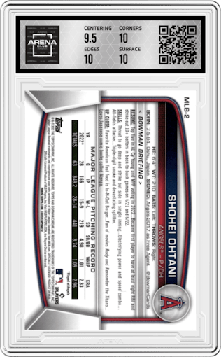 Shohei Ohtani from the 2023 Topps The National VIP set graded by Arena Club and given an overall grade of 10.