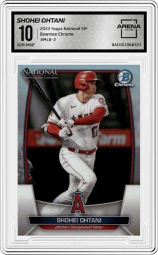 Shohei Ohtani from the 2023 Topps The National VIP set graded by Arena Club and given an overall grade of 10.