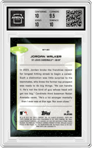 Jordan Walker from the 2023 Topps Cosmic Chrome set graded by Arena Club and given an overall grade of 10.