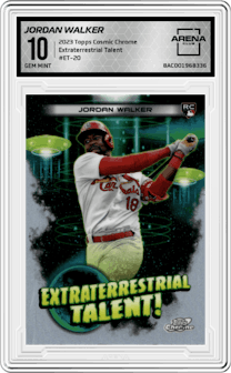 Jordan Walker from the 2023 Topps Cosmic Chrome set graded by Arena Club and given an overall grade of 10.
