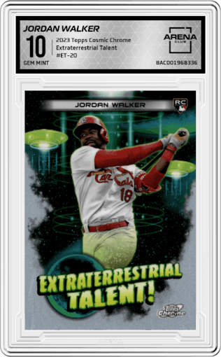 Jordan Walker from the 2023 Topps Cosmic Chrome set graded by Arena Club and given an overall grade of 10.