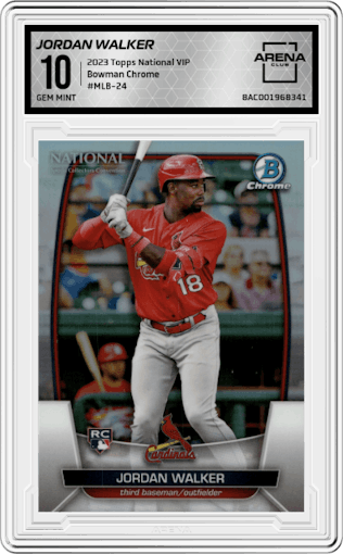 Jordan Walker from the 2023 Topps The National VIP set graded by Arena Club and given an overall grade of 10.