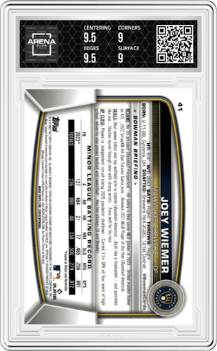 Joey Wiemer from the 2023 Bowman Chrome set graded by Arena Club and given an overall grade of 9.5.