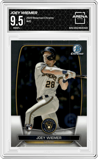Joey Wiemer from the 2023 Bowman Chrome set graded by Arena Club and given an overall grade of 9.5.