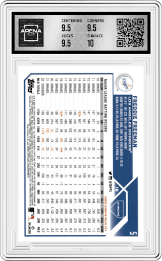 Freddie Freeman from the 2023 Topps Chrome set featuring a Prism Refractor parallel graded by Arena Club and given an overall grade of 10.