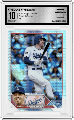 Freddie Freeman from the 2023 Topps Chrome set featuring a Prism Refractor parallel graded by Arena Club and given an overall grade of 10.