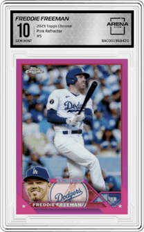 Freddie Freeman from the 2023 Topps Chrome set featuring a Pink Refractor parallel graded by Arena Club and given an overall grade of 10.
