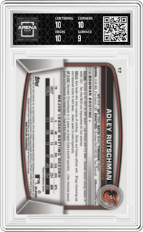 Adley Rutschman from the 2023 Bowman Chrome set graded by Arena Club and given an overall grade of 9.5.