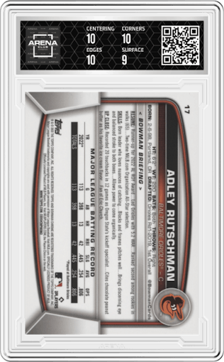 Adley Rutschman from the 2023 Bowman Chrome set graded by Arena Club and given an overall grade of 9.5.