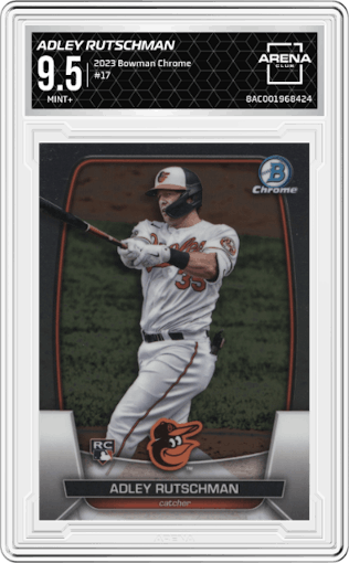 Adley Rutschman from the 2023 Bowman Chrome set graded by Arena Club and given an overall grade of 9.5.