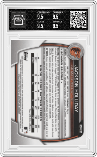 Jackson Holliday from the 2023 Bowman Chrome set graded by Arena Club and given an overall grade of 9.5.