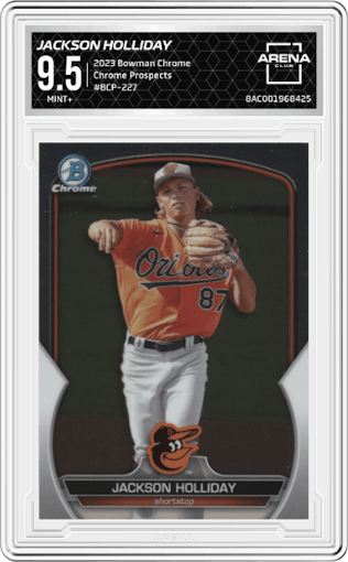 Jackson Holliday from the 2023 Bowman Chrome set graded by Arena Club and given an overall grade of 9.5.