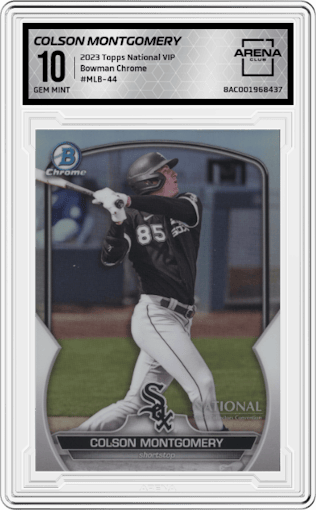 Colson Montgomery from the 2023 Topps The National VIP set graded by Arena Club and given an overall grade of 10.