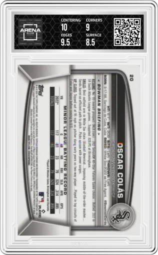 Oscar Colas from the 2023 Bowman Chrome set graded by Arena Club and given an overall grade of 9.