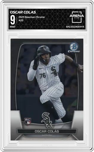 Oscar Colas from the 2023 Bowman Chrome set graded by Arena Club and given an overall grade of 9.