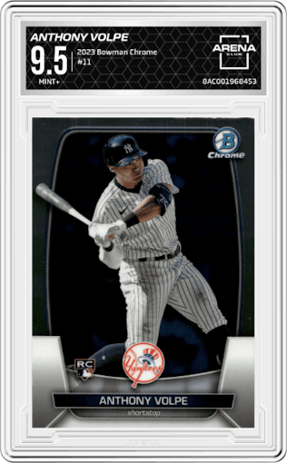 Anthony Volpe from the 2023 Bowman Chrome set graded by Arena Club and given an overall grade of 9.5.