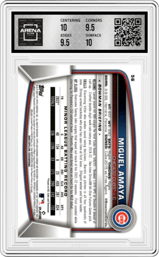 Miguel Amaya from the 2023 Bowman Chrome set graded by Arena Club and given an overall grade of 10.