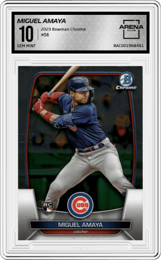Miguel Amaya from the 2023 Bowman Chrome set graded by Arena Club and given an overall grade of 10.