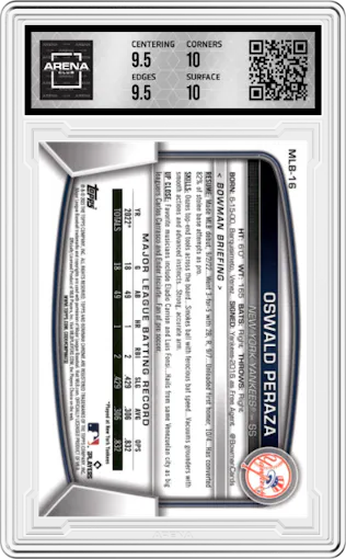 Oswald Peraza from the 2023 Topps The National VIP set graded by Arena Club and given an overall grade of 10.