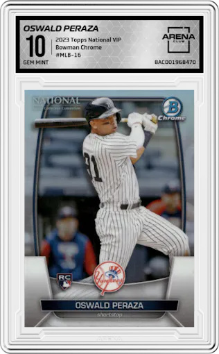 Oswald Peraza from the 2023 Topps The National VIP set graded by Arena Club and given an overall grade of 10.