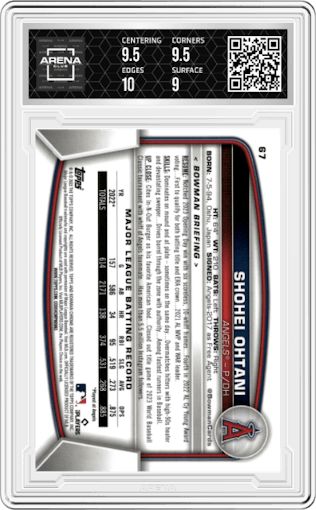 Shohei Ohtani from the 2023 Bowman Chrome set graded by Arena Club and given an overall grade of 9.5.