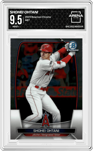Shohei Ohtani from the 2023 Bowman Chrome set graded by Arena Club and given an overall grade of 9.5.