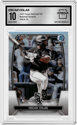 Oscar Colas from the 2023 Topps The National VIP set graded by Arena Club and given an overall grade of 10.