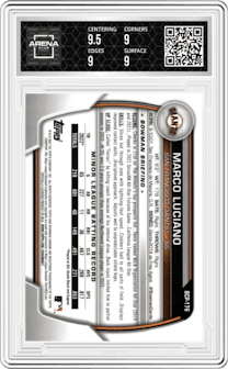 Marco Luciano from the 2023 Bowman Chrome set graded by Arena Club and given an overall grade of 9.