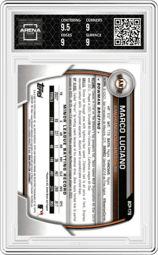 Marco Luciano from the 2023 Bowman Chrome set graded by Arena Club and given an overall grade of 9.