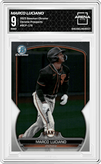 Marco Luciano from the 2023 Bowman Chrome set graded by Arena Club and given an overall grade of 9.