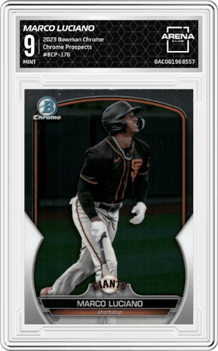 Marco Luciano from the 2023 Bowman Chrome set graded by Arena Club and given an overall grade of 9.