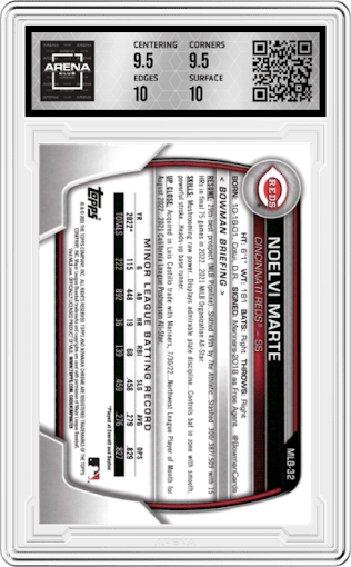Noelvi Marte  from the 2023 Topps The National VIP set graded by Arena Club and given an overall grade of 10.