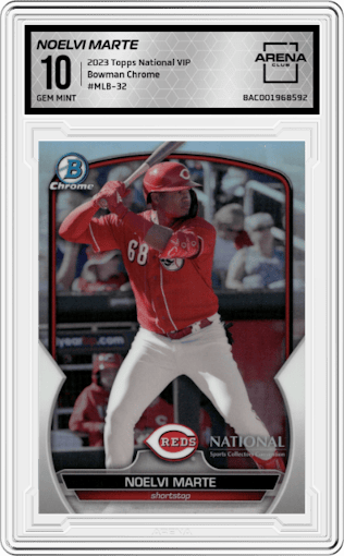 Noelvi Marte  from the 2023 Topps The National VIP set graded by Arena Club and given an overall grade of 10.