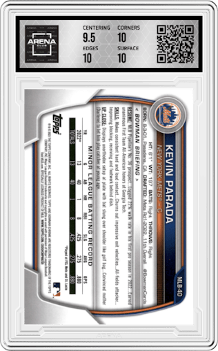 Kevin Parada from the 2023 Topps The National VIP set graded by Arena Club and given an overall grade of 10.